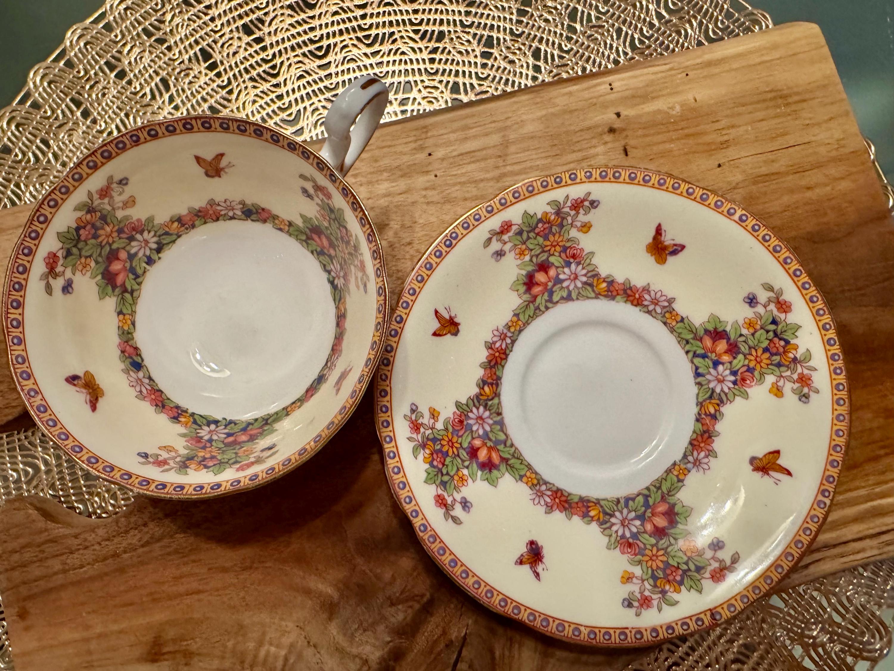 Vintage Aynsley Fine Bone China Tea Cup and Saucer: Floral Butterfly Design
