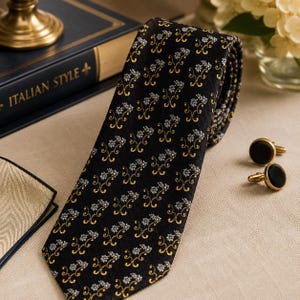 May include: A black necktie featuring a repeating pattern of small white flowers with gold stems and leaves, accompanied by a pair of round black cufflinks with gold-toned metal edges and a folded beige pocket square with a dark border.