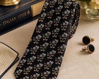Vintage EROS Italian Silk Necktie – Black Gold Floral Scroll Designer Tie