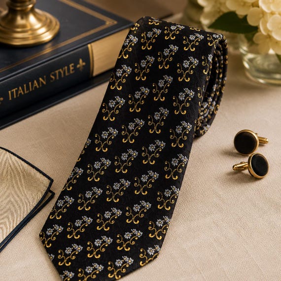 Vintage EROS Italian Silk Necktie – Black Gold Floral Scroll Designer Tie