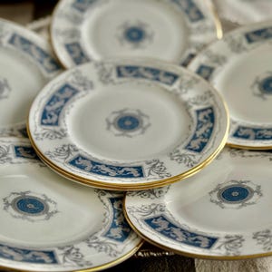 Set of 7 Coalport Revelry Dessert Plates – Blue White Bone China, Gold Rim image 2