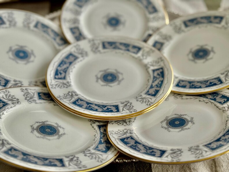 Set of 7 Coalport Revelry Dessert Plates – Blue White Bone China, Gold Rim image 2