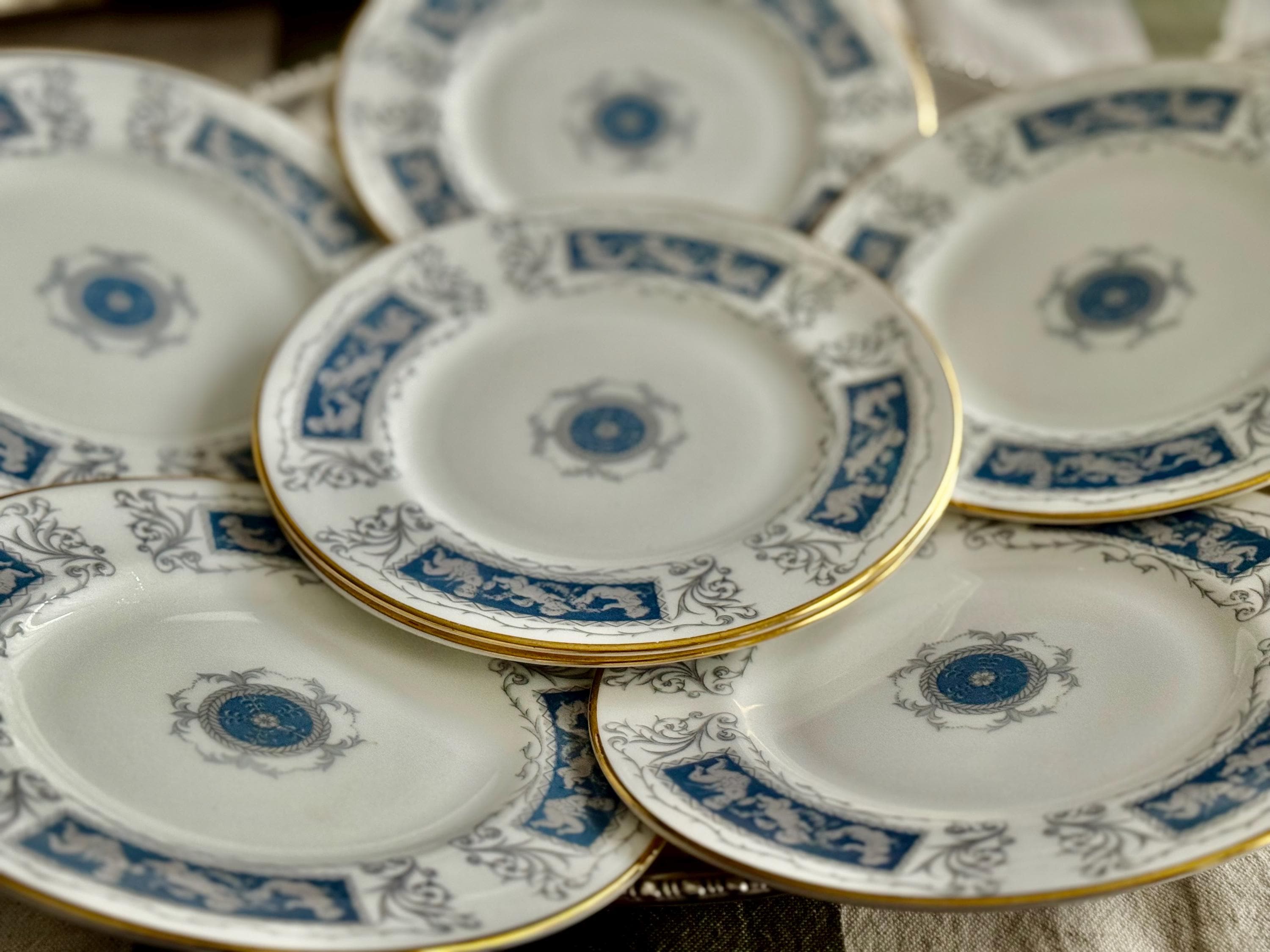 Set of 7 Coalport Revelry Dessert Plates – Blue White Bone China, Gold Rim