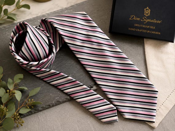 Dion Signature Vintage Italian Silk Necktie | Pink Grey Stripe, Hand Crafted Canada