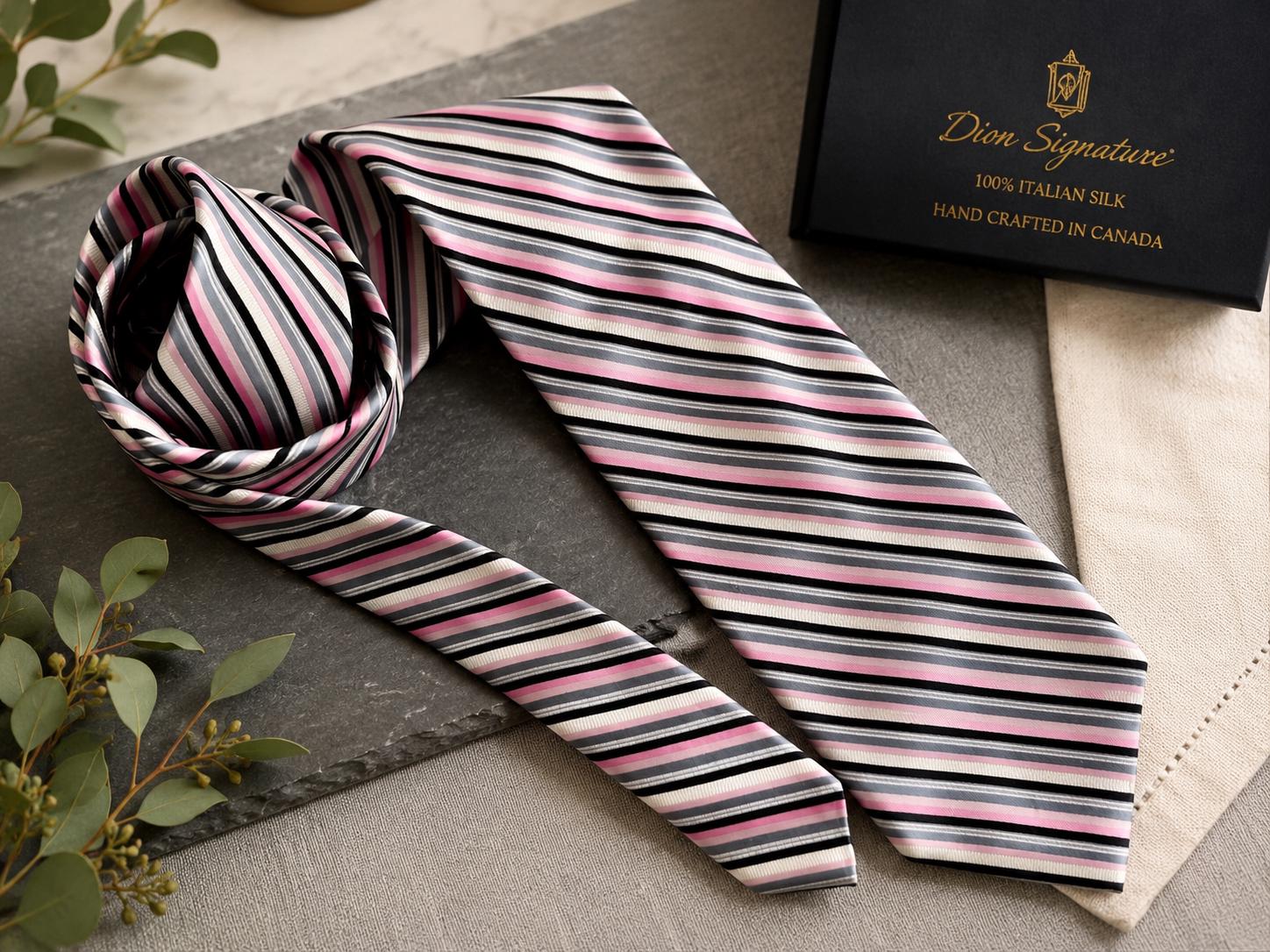 Dion Signature Vintage Italian Silk Necktie | Pink Grey Stripe, Hand Crafted Canada