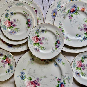 May include: A selection of white porcelain plates with a floral pattern, including pink roses, purple and blue flowers, and gold edging. The set comprises various plate sizes, from small saucers to large dinner plates, arranged on a white surface.
