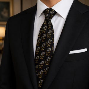 Vintage EROS Italian Silk Necktie – Black Gold Floral Scroll Designer Tie image 3