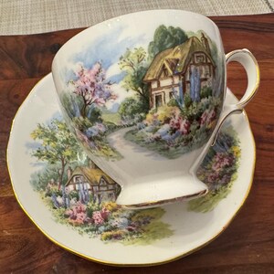 May include: A white teacup and saucer with a floral pattern depicting a cottage with a thatched roof and a winding path. The scene is surrounded by lush greenery and colorful flowers.