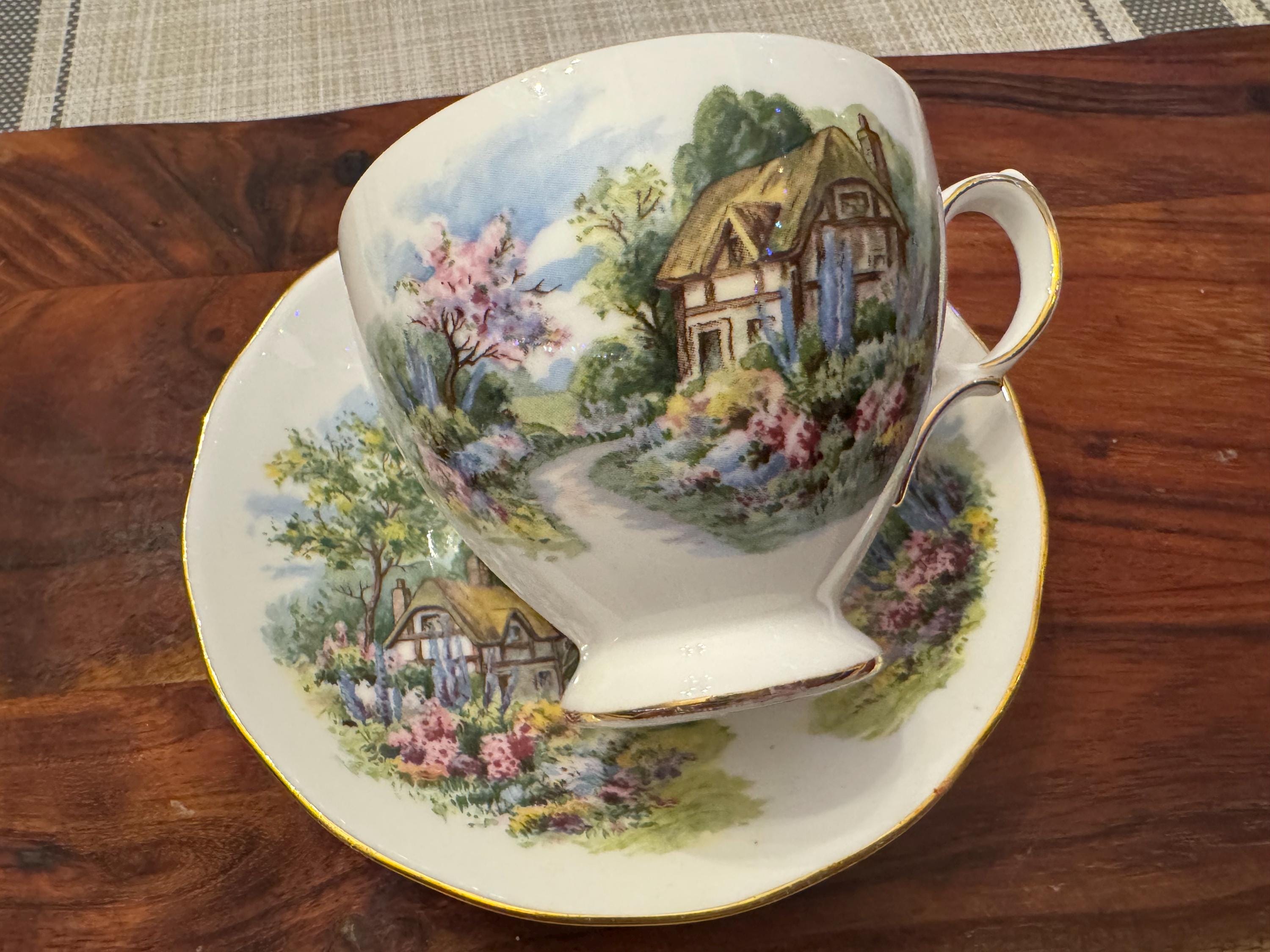 Vintage Royal Vale Countryside Houses Tea Cup and Saucer Set - Fine Bone China
