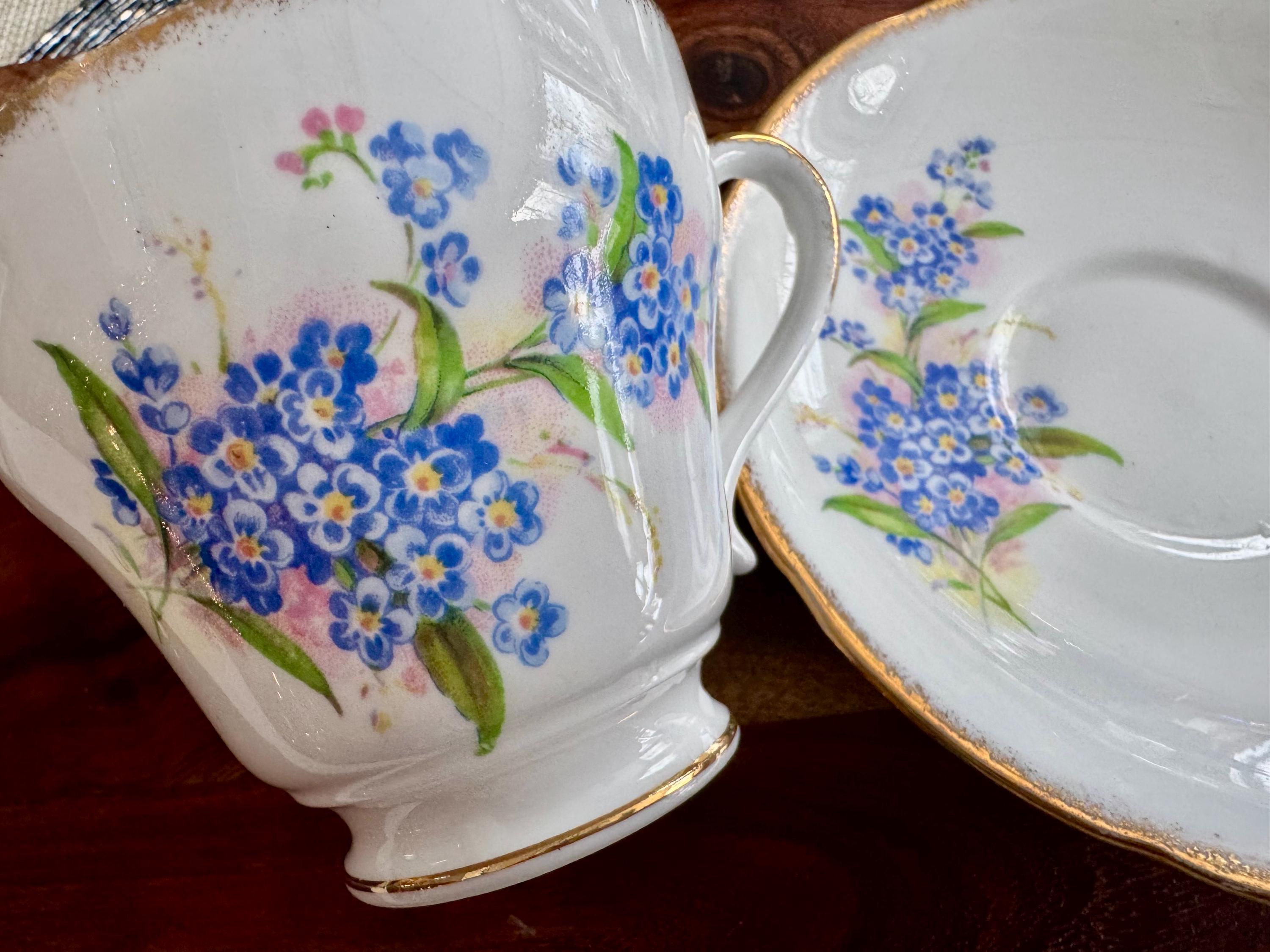 Salisbury Bone China Teacup & Saucer – Elegant Forget-Me-Not Floral Design