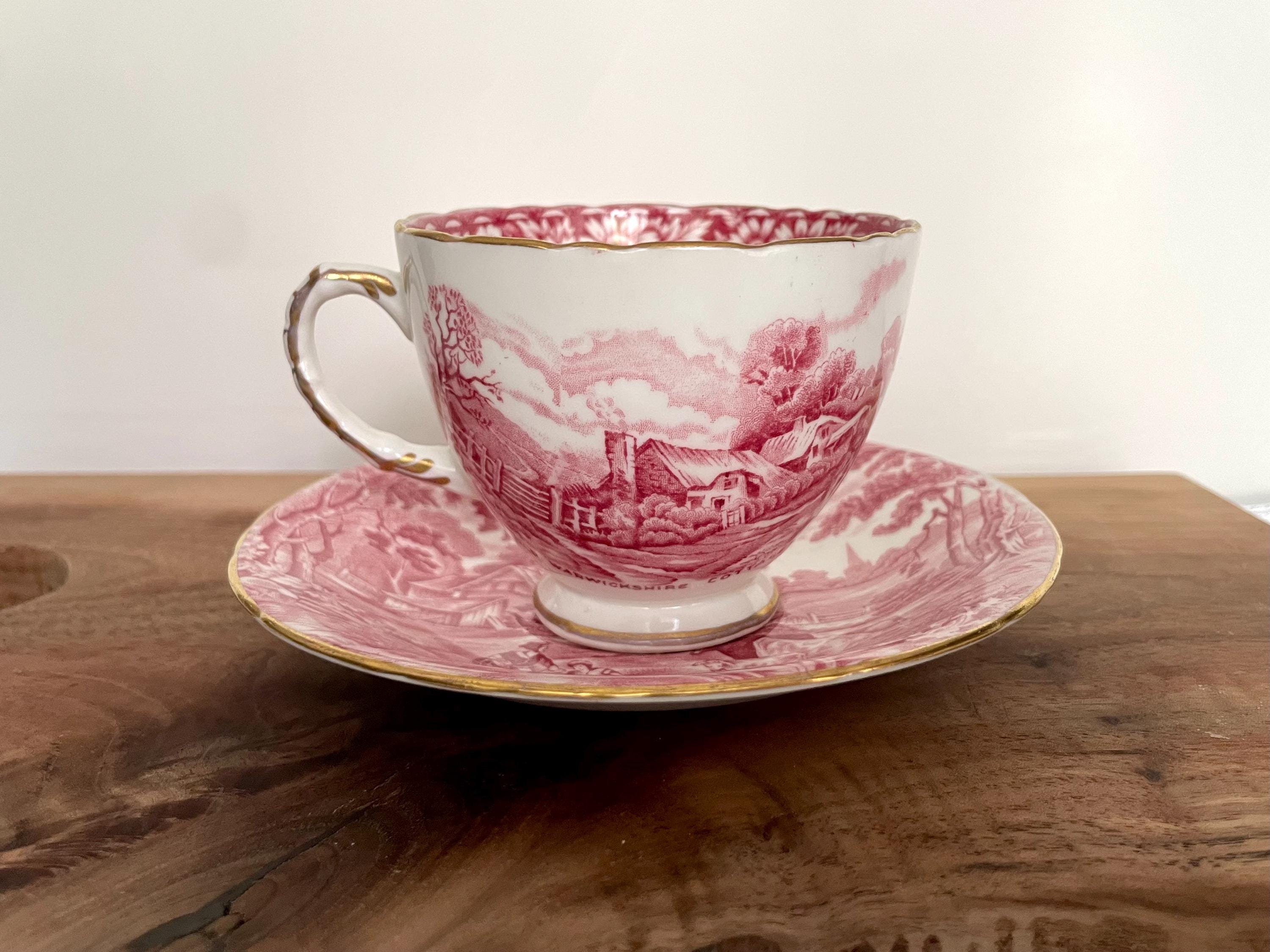 Vintage H & M Sutherland “Rural Scenes” Teacup with Saucer – Red Transferware – Made in England