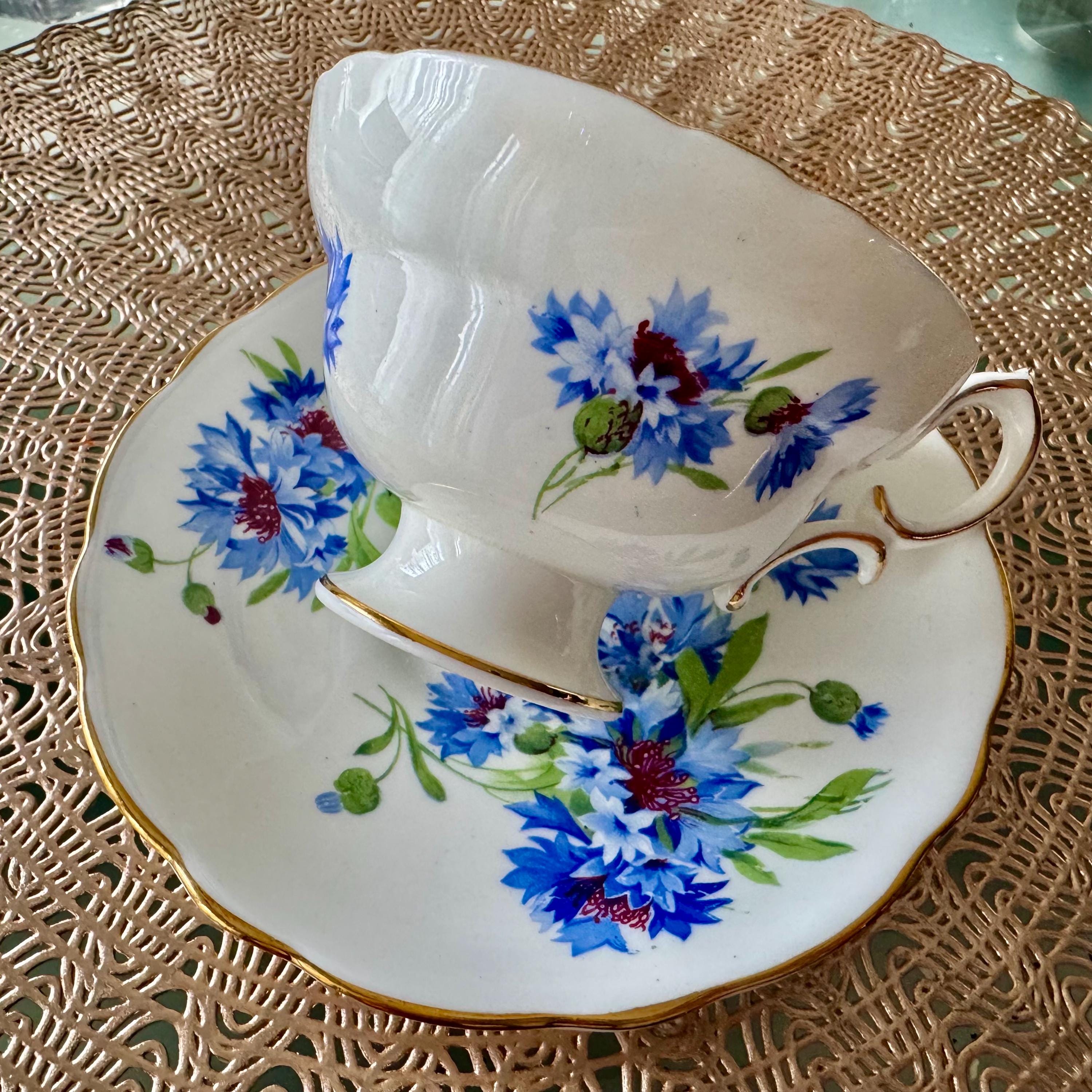 Vintage Hammersley Cornflower Teacup & Saucer – Fine Bone China England – Blue Florals Gold Trim