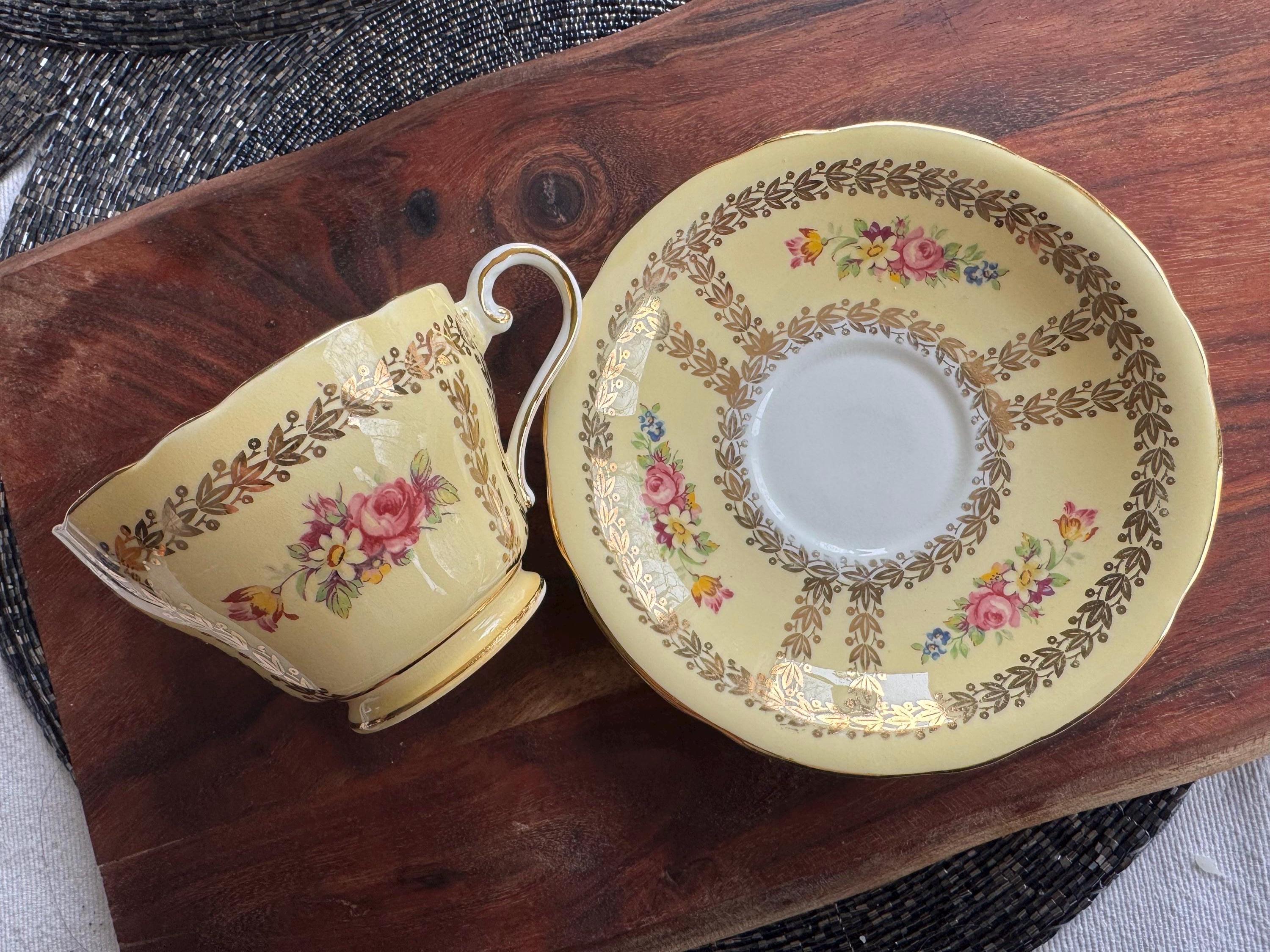 Vintage Aynsley Bone China Teacup & Saucer — Yellow or Green Gold Laurel, Floral Decor