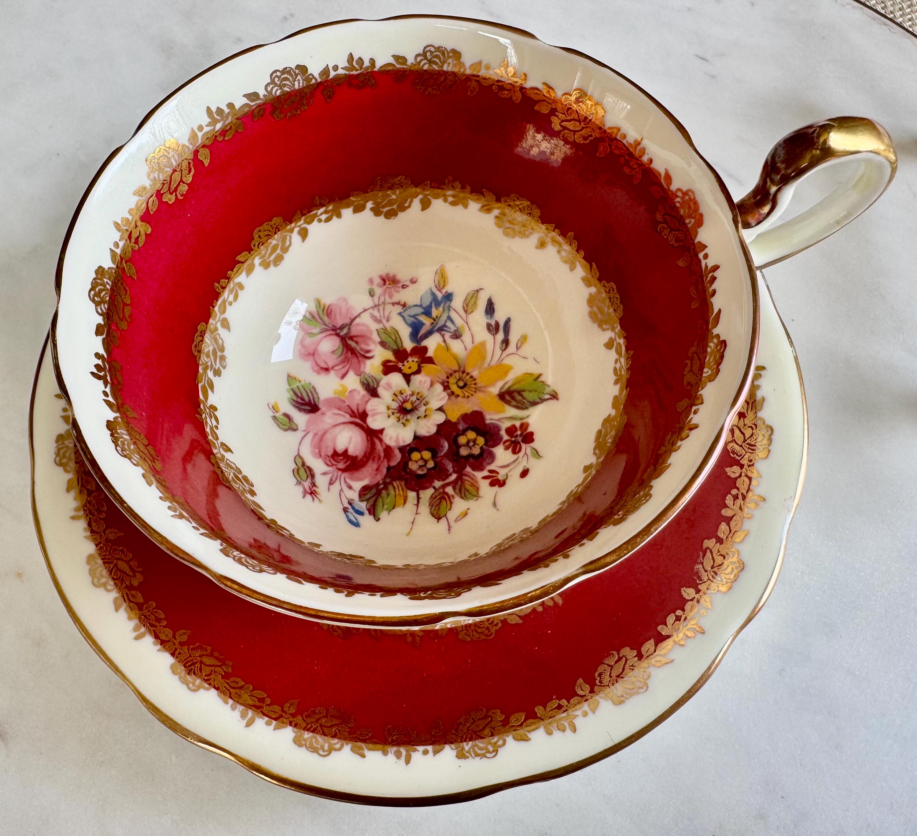 Vintage Aynsley Teacup and Saucer: Burgundy Floral, Gold Trim, Made in England