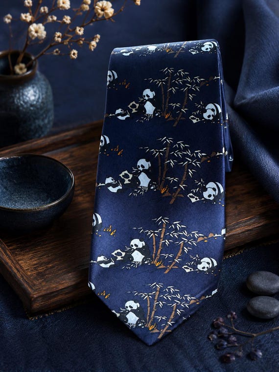 Vintage Kai Long Silk Necktie – Panda & Bamboo Novelty Tie – Never Worn