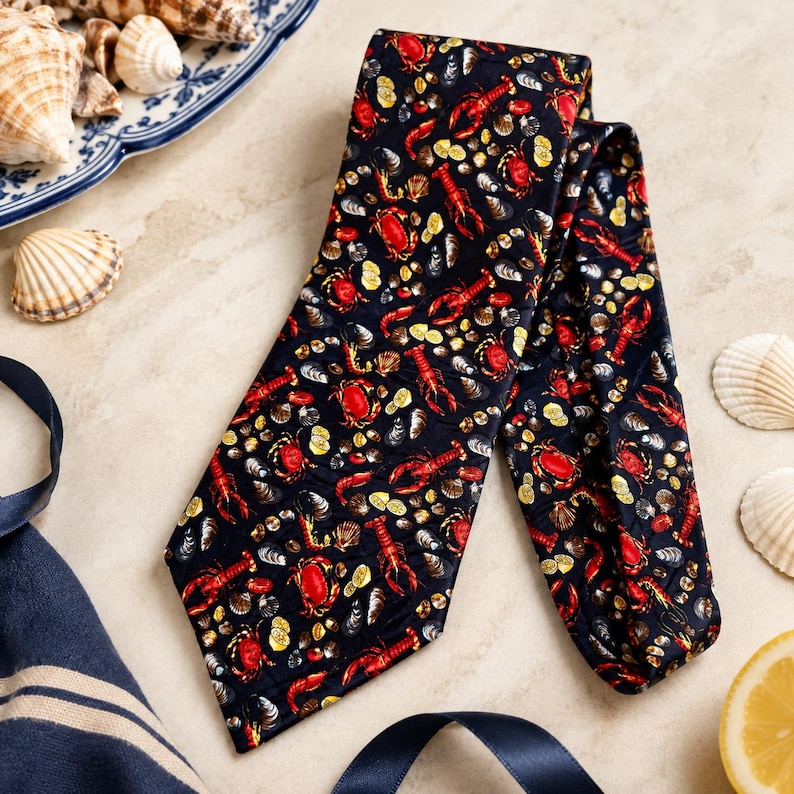 Puede incluir: Una corbata de color azul marino oscuro con un patr&oacute;n repetitivo de langostas y cangrejos de color rojo brillante, junto con varias conchas peque&ntilde;as en tonos blanco, beige y gris. La corbata tiene una punta afilada y una textura de tela suave.