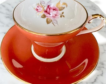 Vintage Aynsley Burnt Orange Teacup & Saucer – Gilded Rose Interior – English Bone China