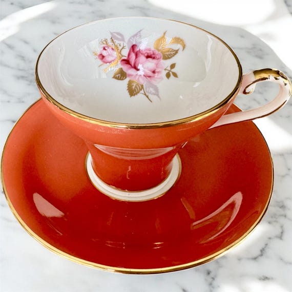 Vintage Aynsley Burnt Orange Teacup & Saucer – Gilded Rose Interior – English Bone China