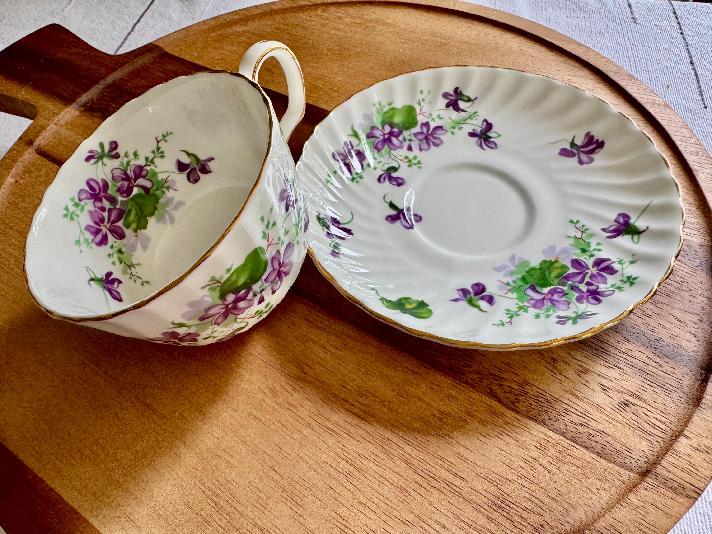 Vintage Adderley Teacup & Saucer – Forget Me Nots or Purple Violets – England – Swirl Shape