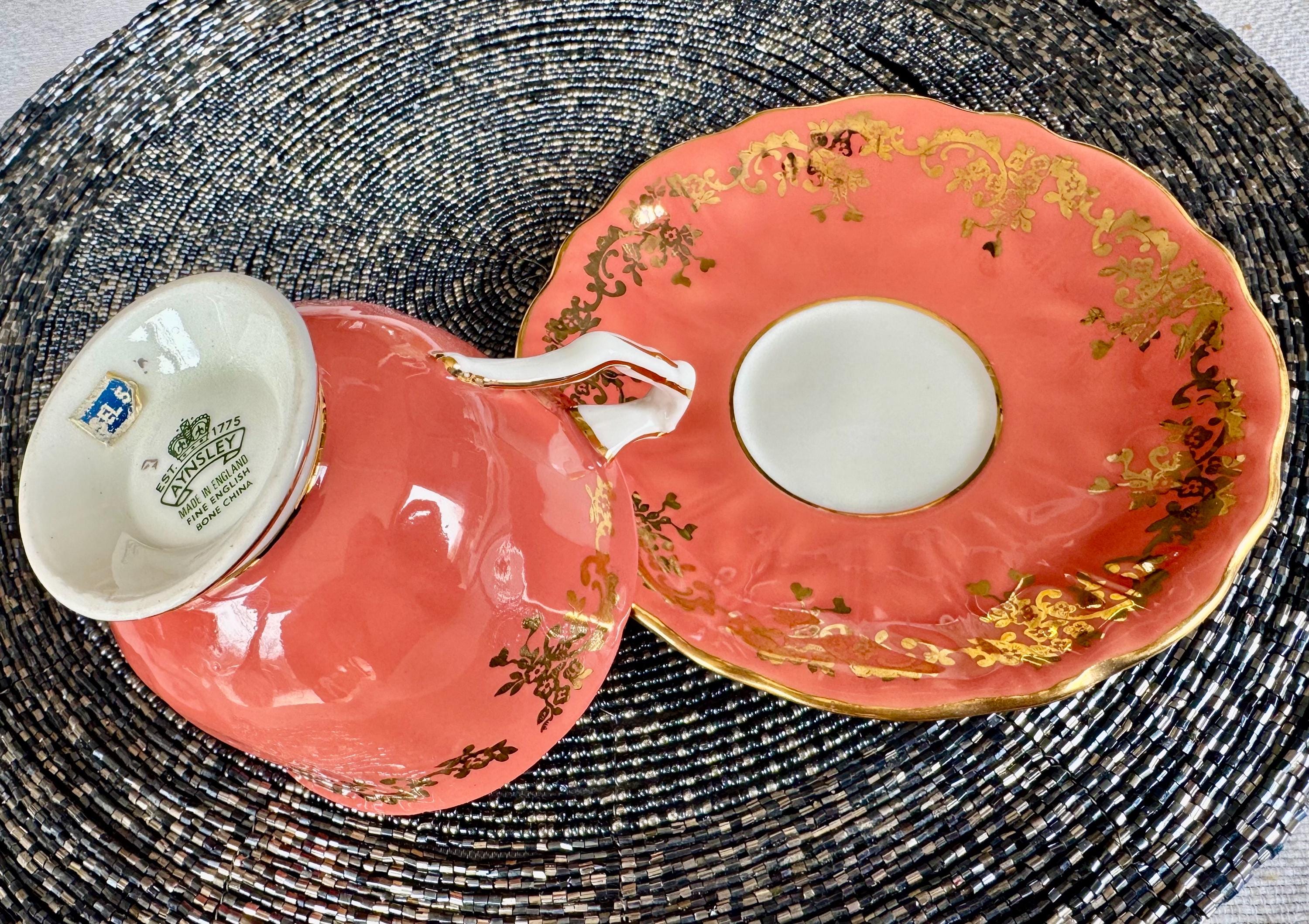 Rare Vintage Aynsley Teacup & Saucer – Coral Lustre with Violets Inside!