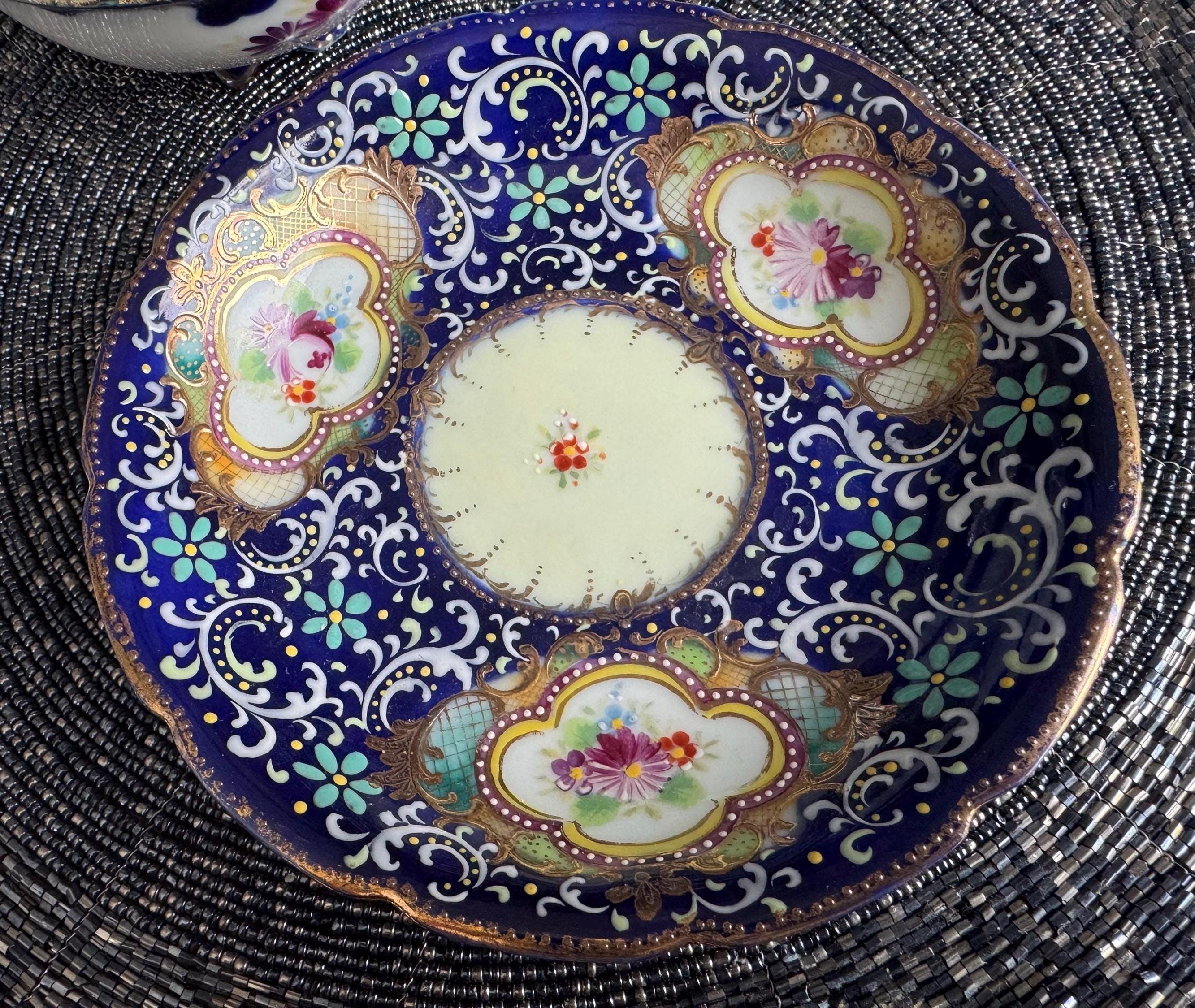Antique 1880s Likely Nippon Japonisme Tea Cup & Saucer – Hand-Painted Moriage Gold Beading – No Stamp
