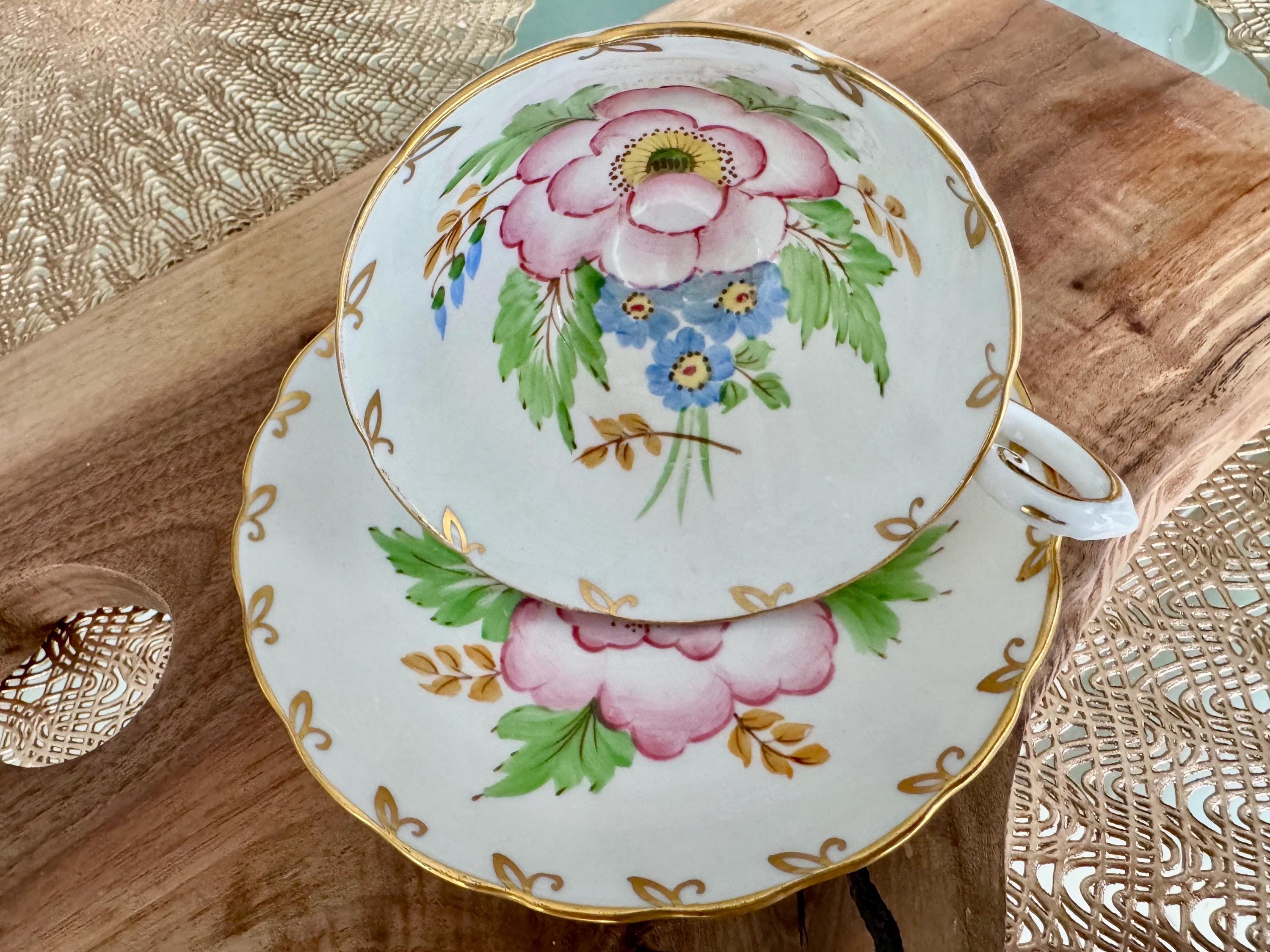 Vintage Tuscan Bone China Tea Cup and Saucer Set - Hand-Painted Floral Design
