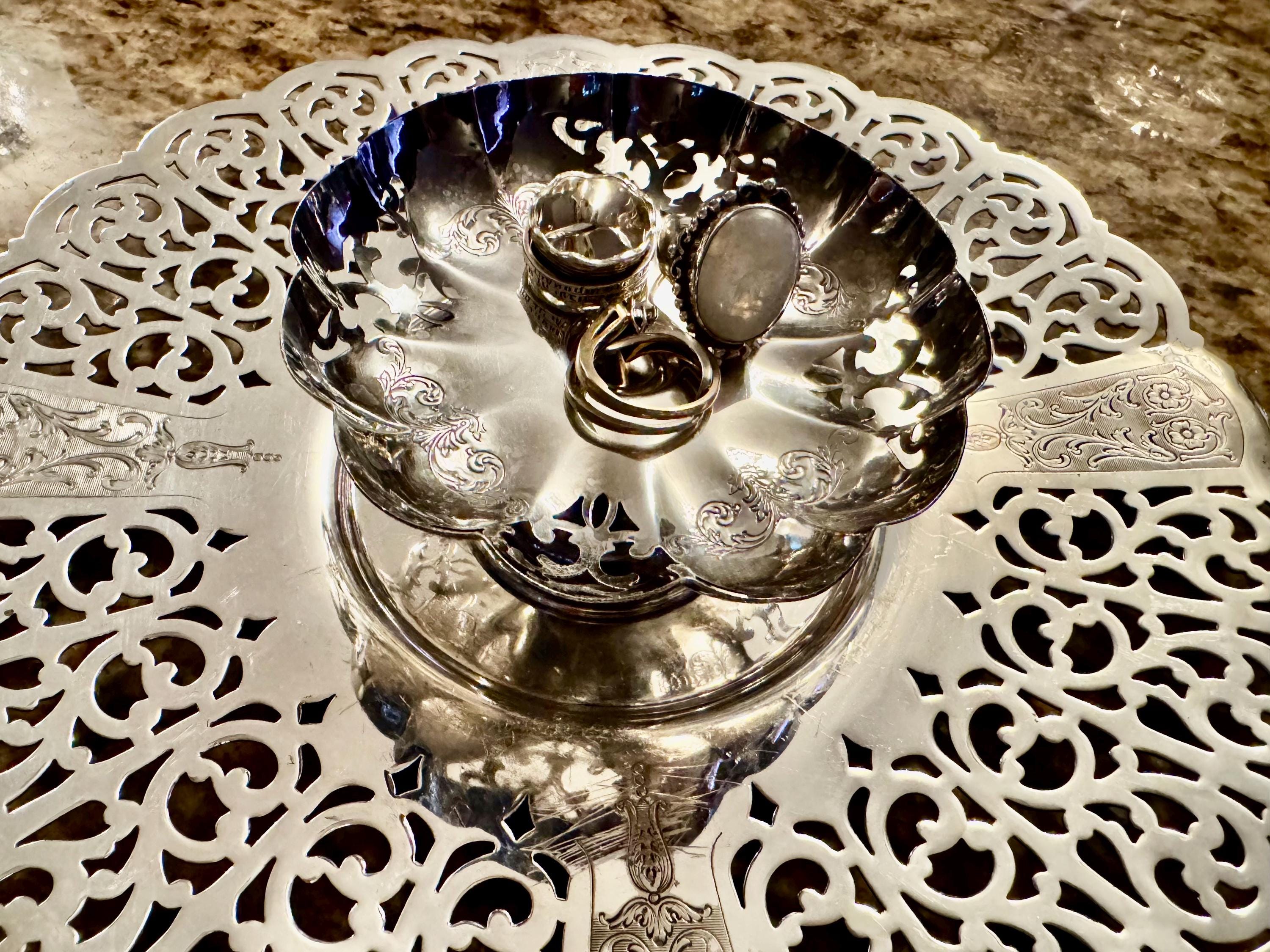 Vintage Silverplate Pedestal Dish – Ornate Cutwork & Etched Design
