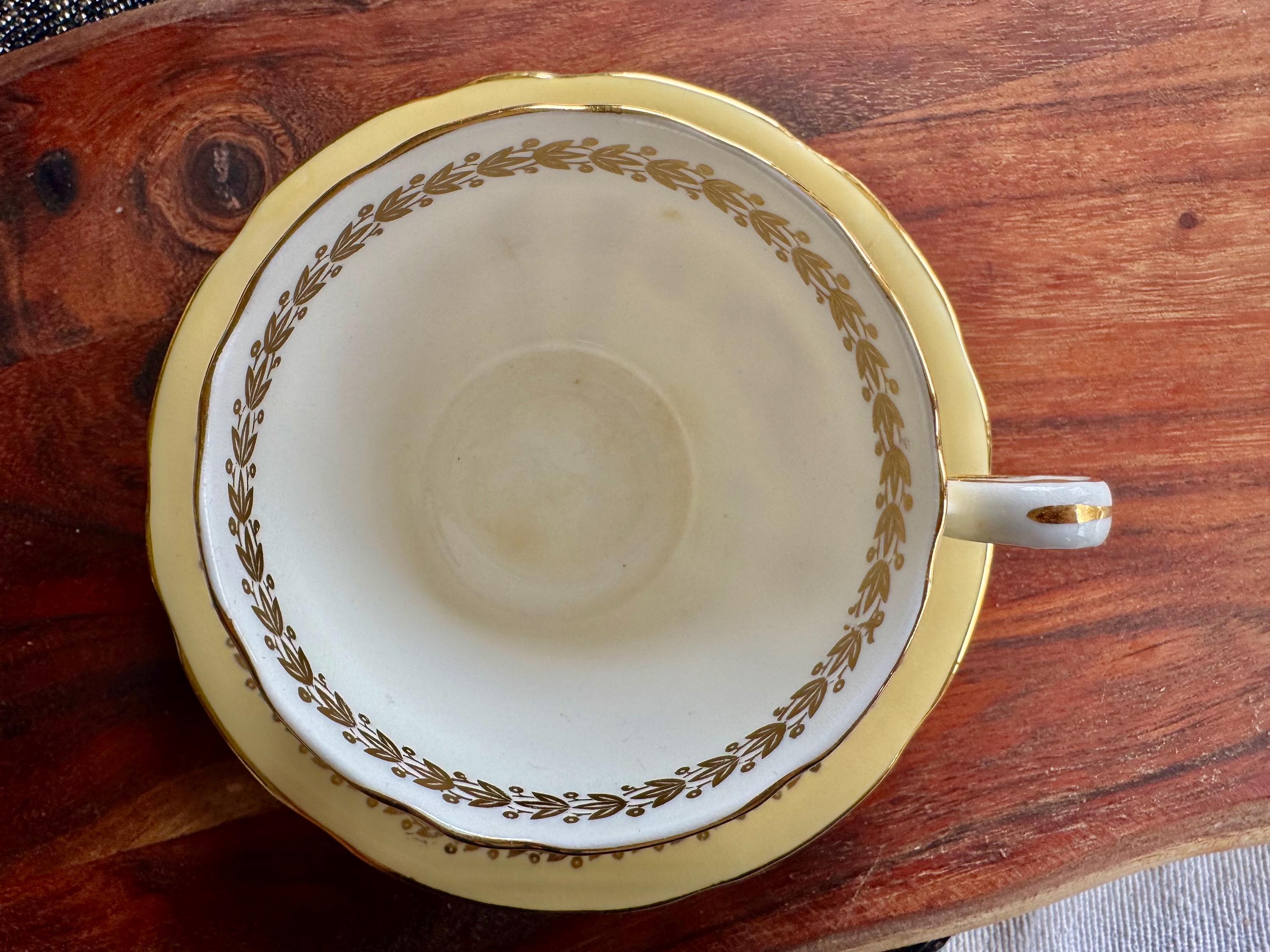 Vintage Aynsley Bone China Teacup & Saucer — Yellow or Green Gold Laurel, Floral Decor
