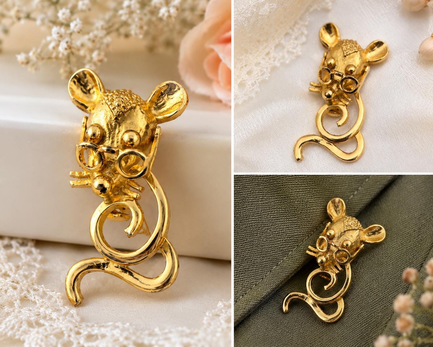Vintage Gold Tone Professor Mouse Brooch – Whimsical Figural Pin Mid-Century Style