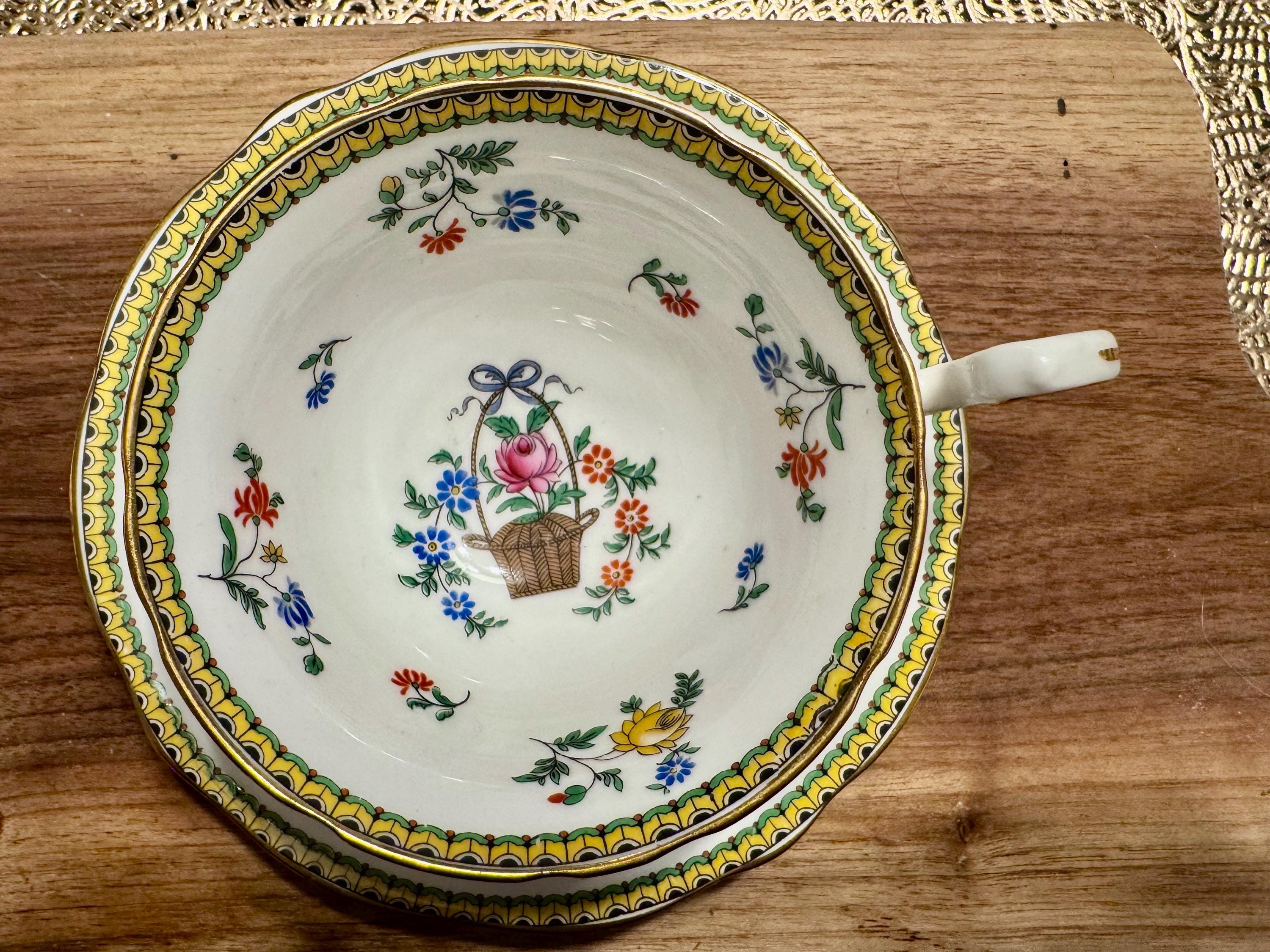 Vintage Aynsley Bone China Cup and Saucer: Basket of Flowers, Made in England (1930s-1940s)