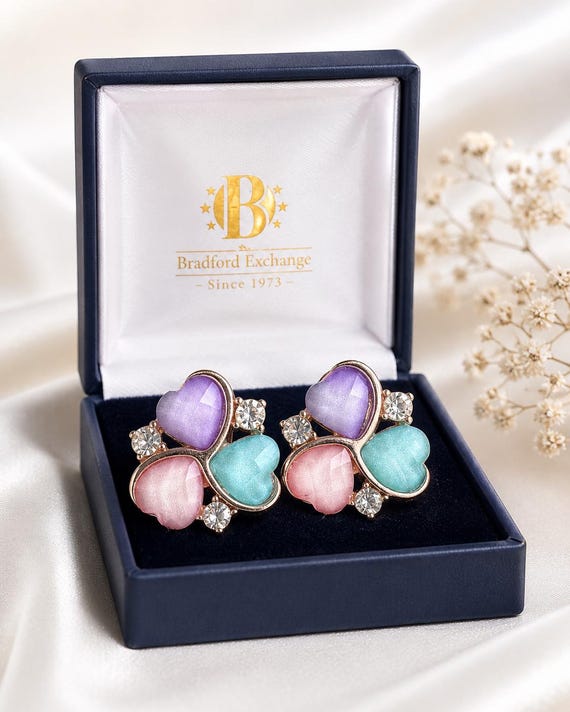 Vintage Pastel Heart Rhinestone Earrings – Gold Tone Statement Studs (New in Box)