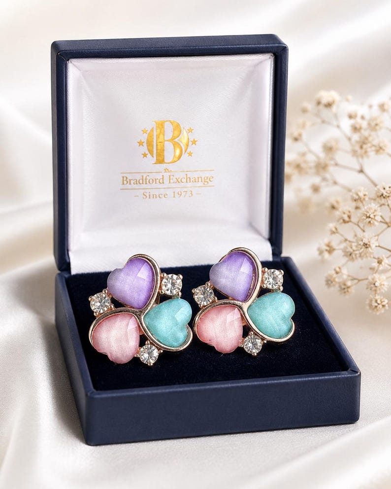 Op de afbeelding: Hartvormige oorbellen in een marineblauwe doos. De oorbellen hebben een goudkleurige setting met paarse, roze en turquoise hartvormige stenen, geaccentueerd met heldere kristallen. De doos is van Bradford Exchange.