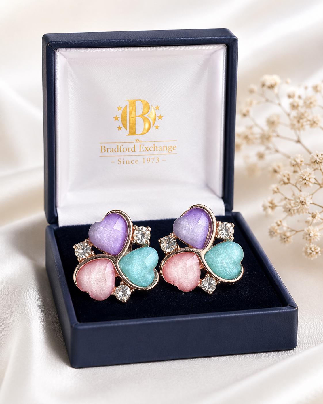Vintage Pastel Heart Rhinestone Earrings – Gold Tone Statement Studs (New in Box)