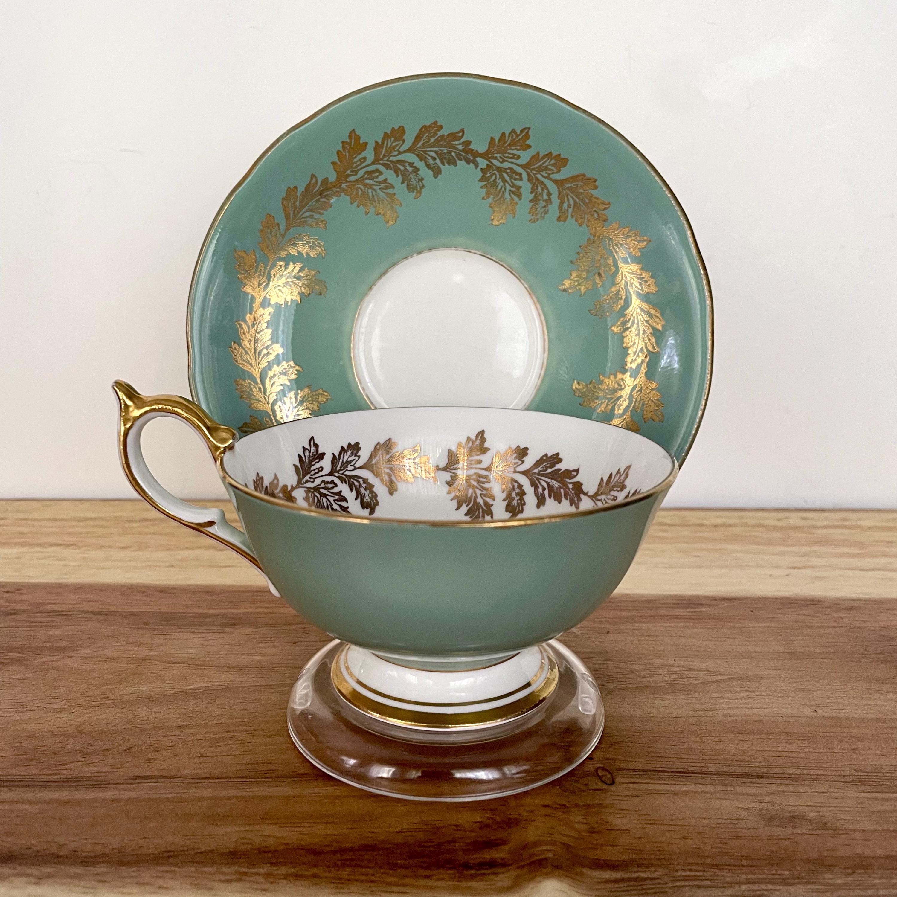 Vintage Aynsley Bone China Cup & Saucer – Pattern 14226 – Sage Green with Gold Leaf – England