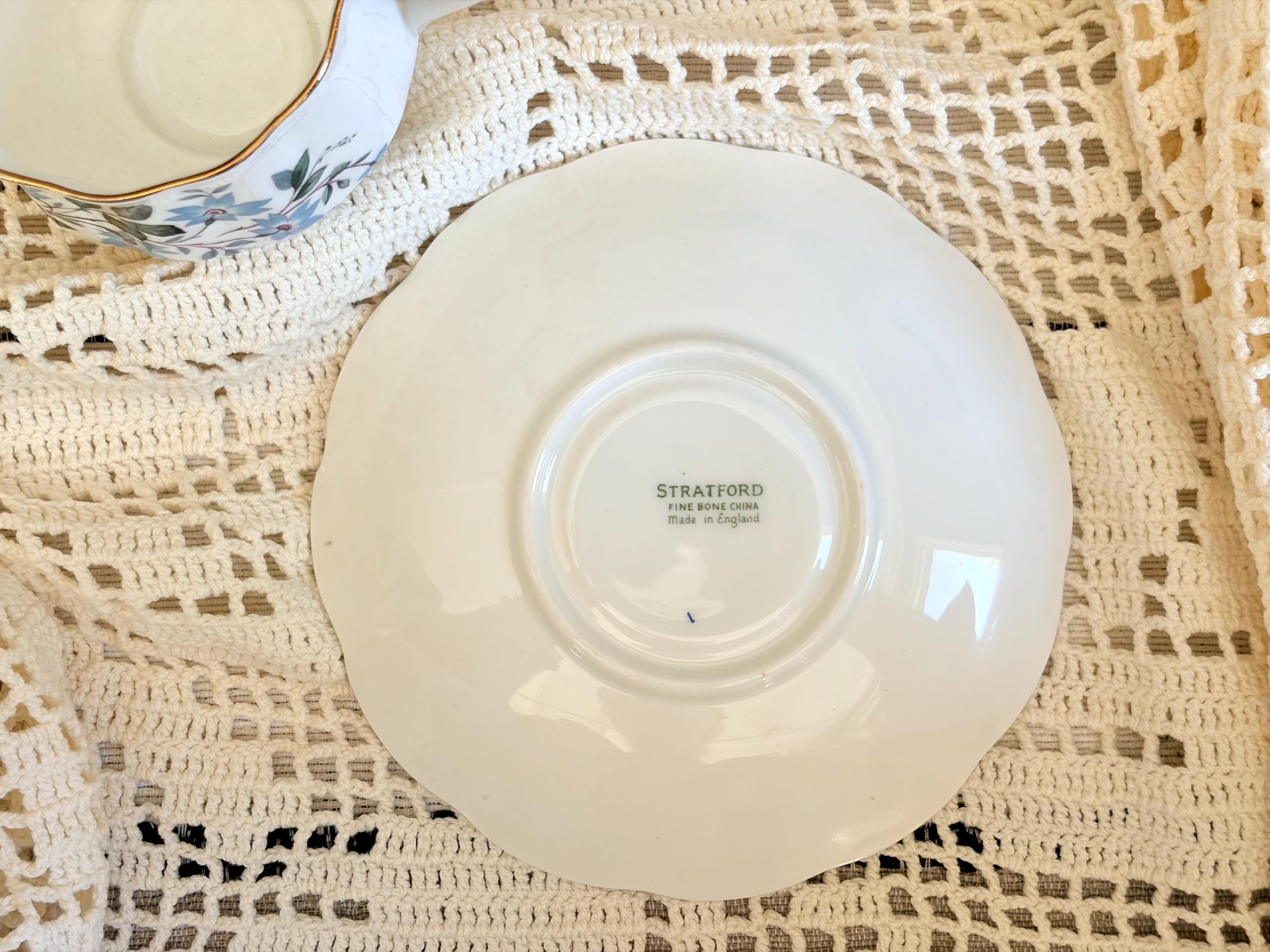 Vintage Stratford Bone China Teacup & Saucer Set – Blue Floral Pattern – Made in England