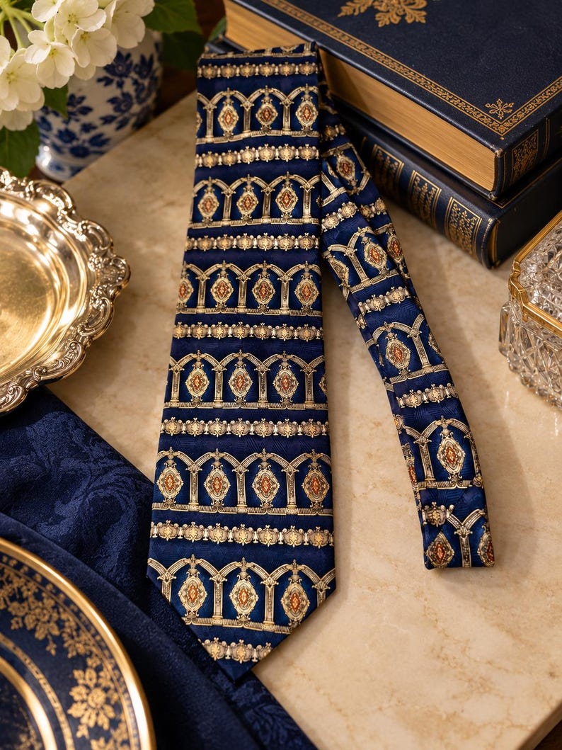 May include: A navy blue necktie featuring a repeating pattern of gold and orange architectural arch motifs arranged in horizontal bands. The tie has a pointed tip and a smooth, satin-like finish with intricate detailing throughout the fabric design.