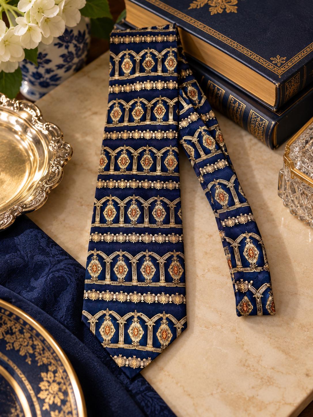 Vintage 100% Silk Ties — Made in USA or Canada — Navy, Cream, Bronze Geometric Pattern