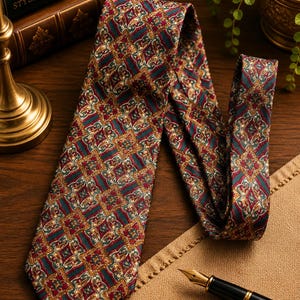 May include: A necktie featuring a repeating geometric diamond pattern in shades of deep teal, burgundy, and gold. The fabric displays intricate paisley-like motifs within each diamond shape, creating a dense, multi-colored design across the surface.