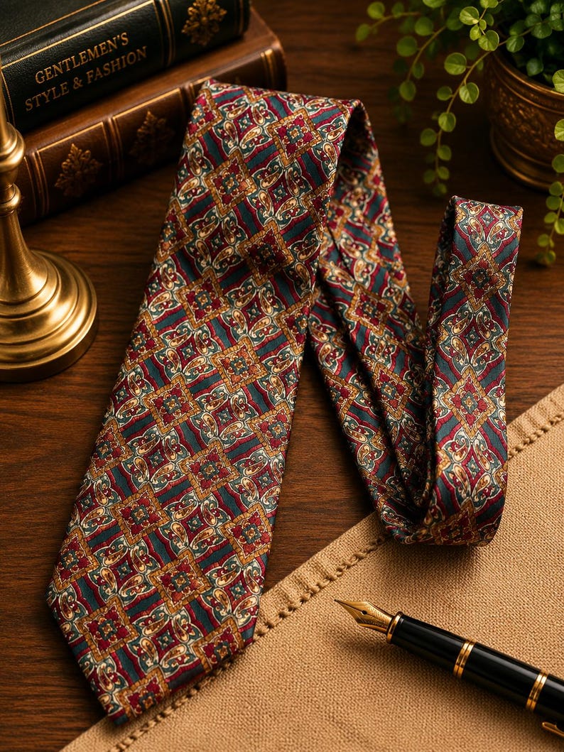 May include: A necktie featuring a repeating geometric diamond pattern in shades of deep teal, burgundy, and gold. The fabric displays intricate paisley-like motifs within each diamond shape, creating a dense, multi-colored design across the surface.