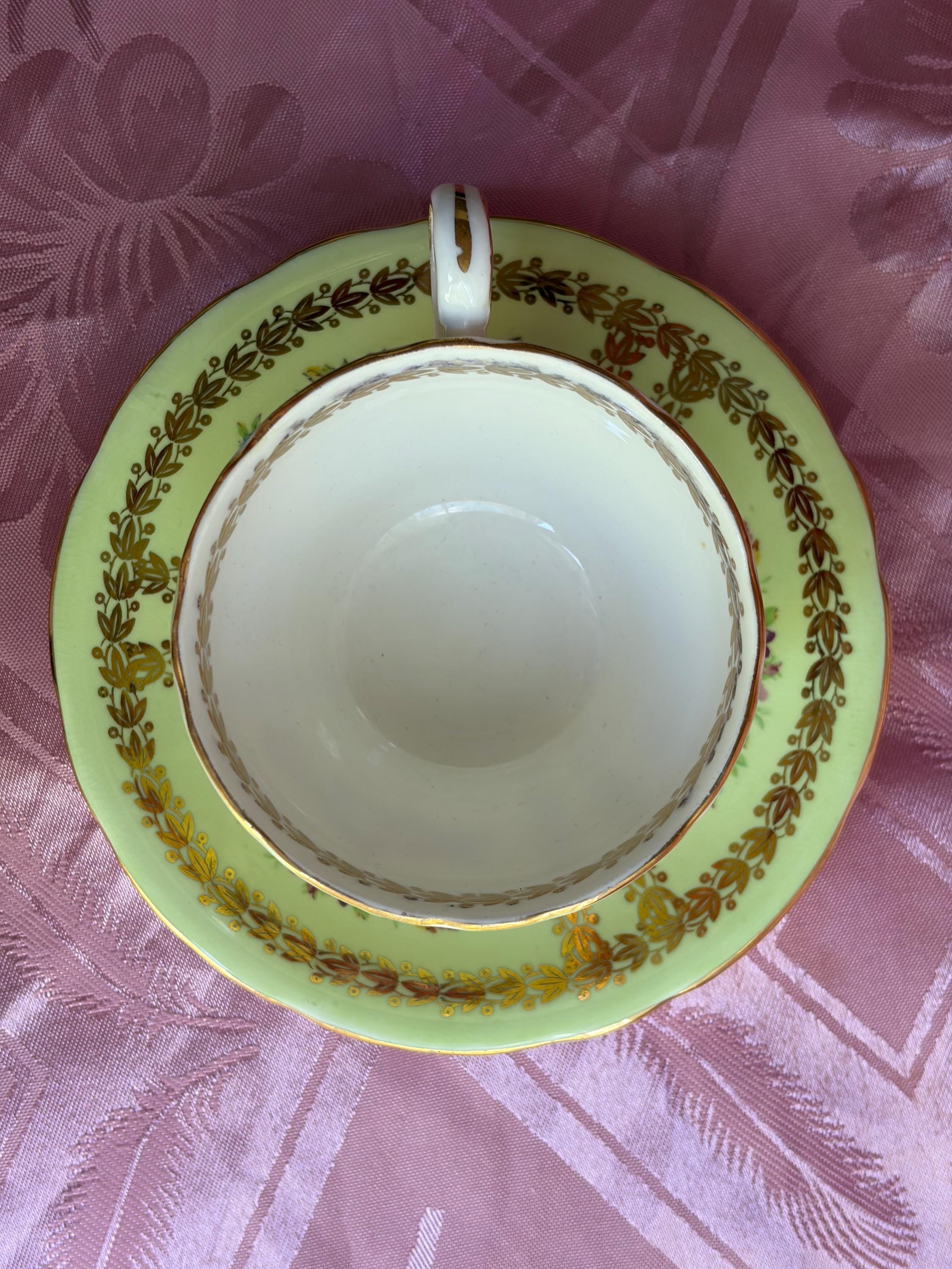 Vintage Aynsley Bone China Teacup & Saucer — Yellow or Green Gold Laurel, Floral Decor