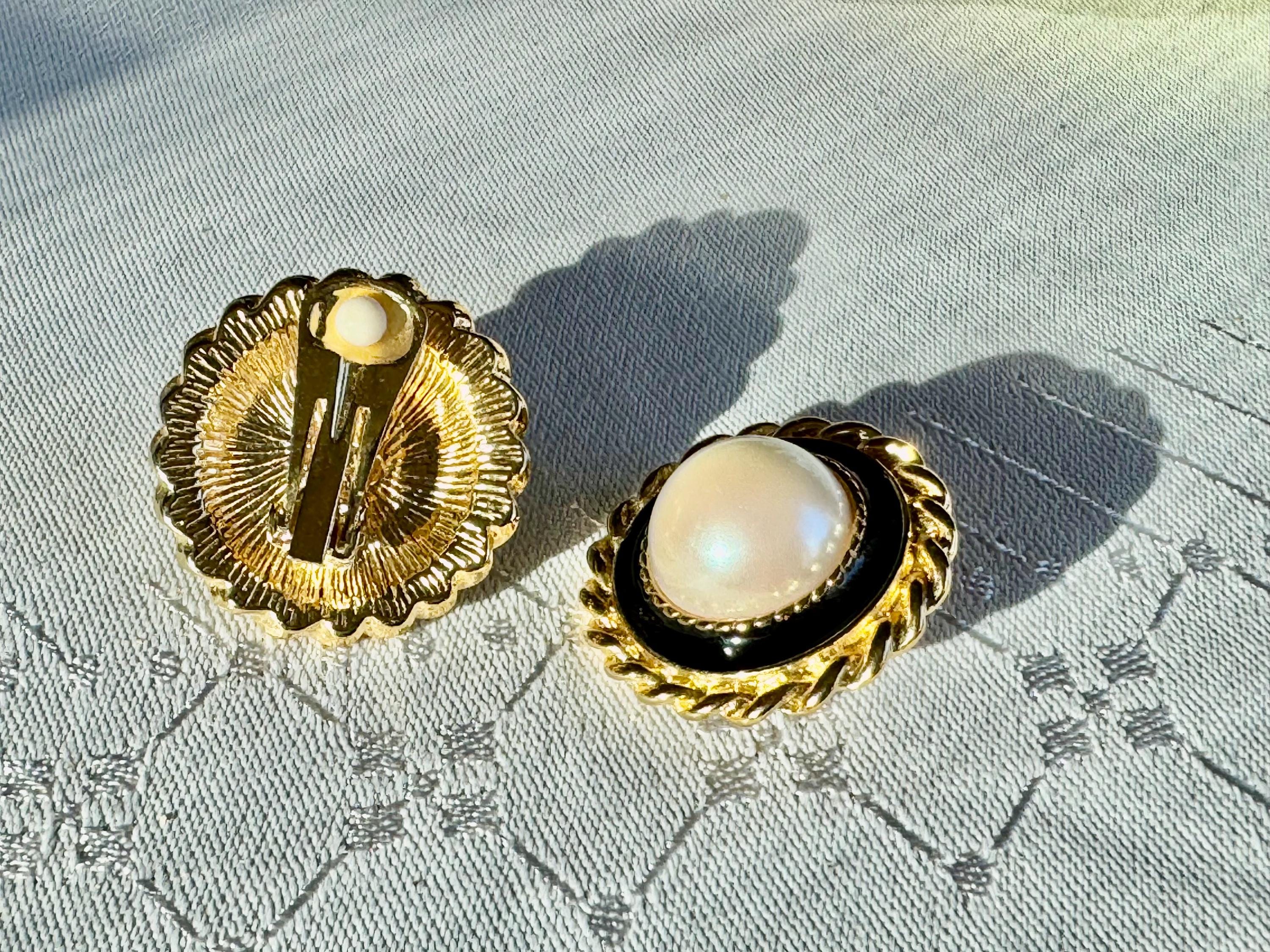 Vintage Park Lane Clip-On Earrings — Faux Pearl & Black Enamel Gold Tone Statement