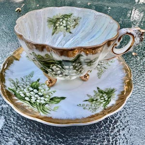 Vintage Giftcraft GC Lily of the Valley Tripod Teacup Saucer Japan Three Legged Gold Fine China bild 8