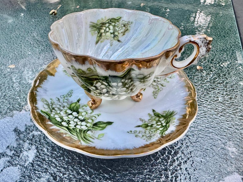 Vintage Giftcraft GC Lily of the Valley Tripod Teacup Saucer Japan Three Legged Gold Fine China bild 8