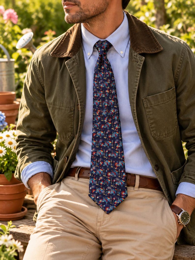 May include: A navy blue necktie featuring a repeating pattern of small red, white, and blue elephants, worn with a light blue button-down shirt, an olive green jacket with a brown corduroy collar, and khaki trousers with a brown leather belt.