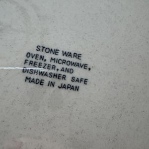 May include: Close-up of a speckled, off-white stoneware surface. Text in black reads: STONE WARE, OVEN, MICROWAVE, FREEZER, AND DISHWASHER SAFE, MADE IN JAPAN. The surface has a slightly textured appearance.