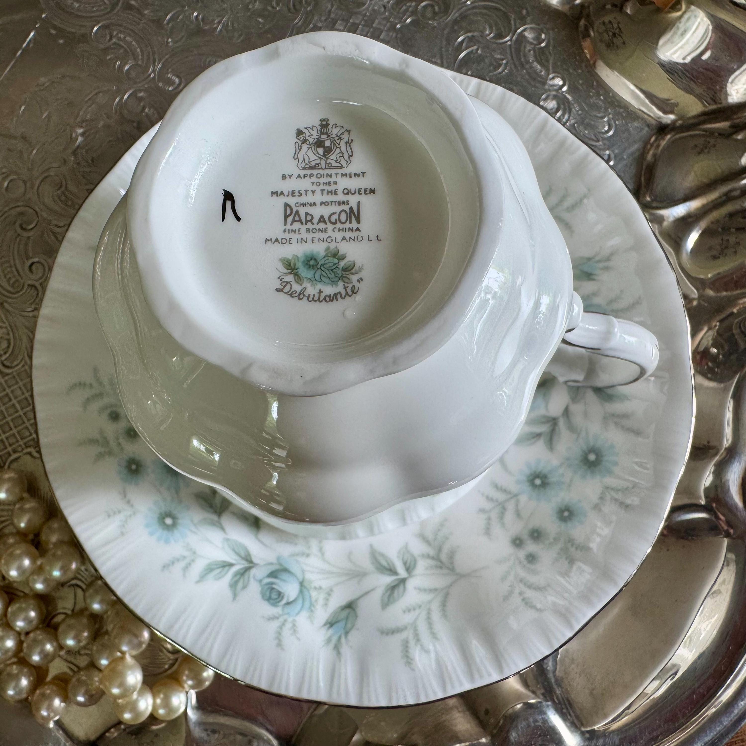 Vintage Paragon “Debutante” Teacup & Saucer Set – Pale Blue Florals Silver Rim