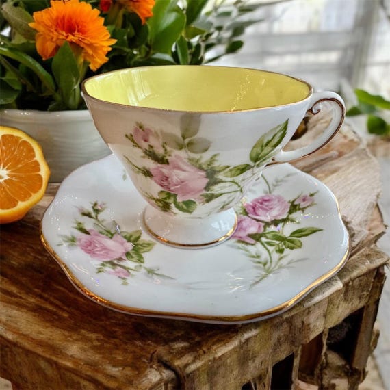 Foley China Bone Cup & Saucer - Pastel Yellow with Pink Roses