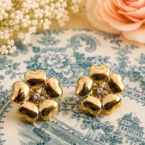 Park Lane Gold Tone Floral Earrings – Faux Pearl, Black Enamel, Mid Century Statement