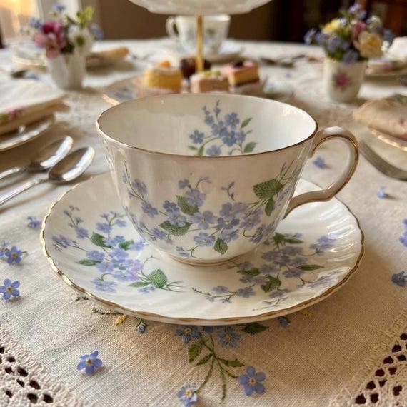 Vintage Adderley Teacup & Saucer – Forget Me Nots or Purple Violets – England – Swirl Shape