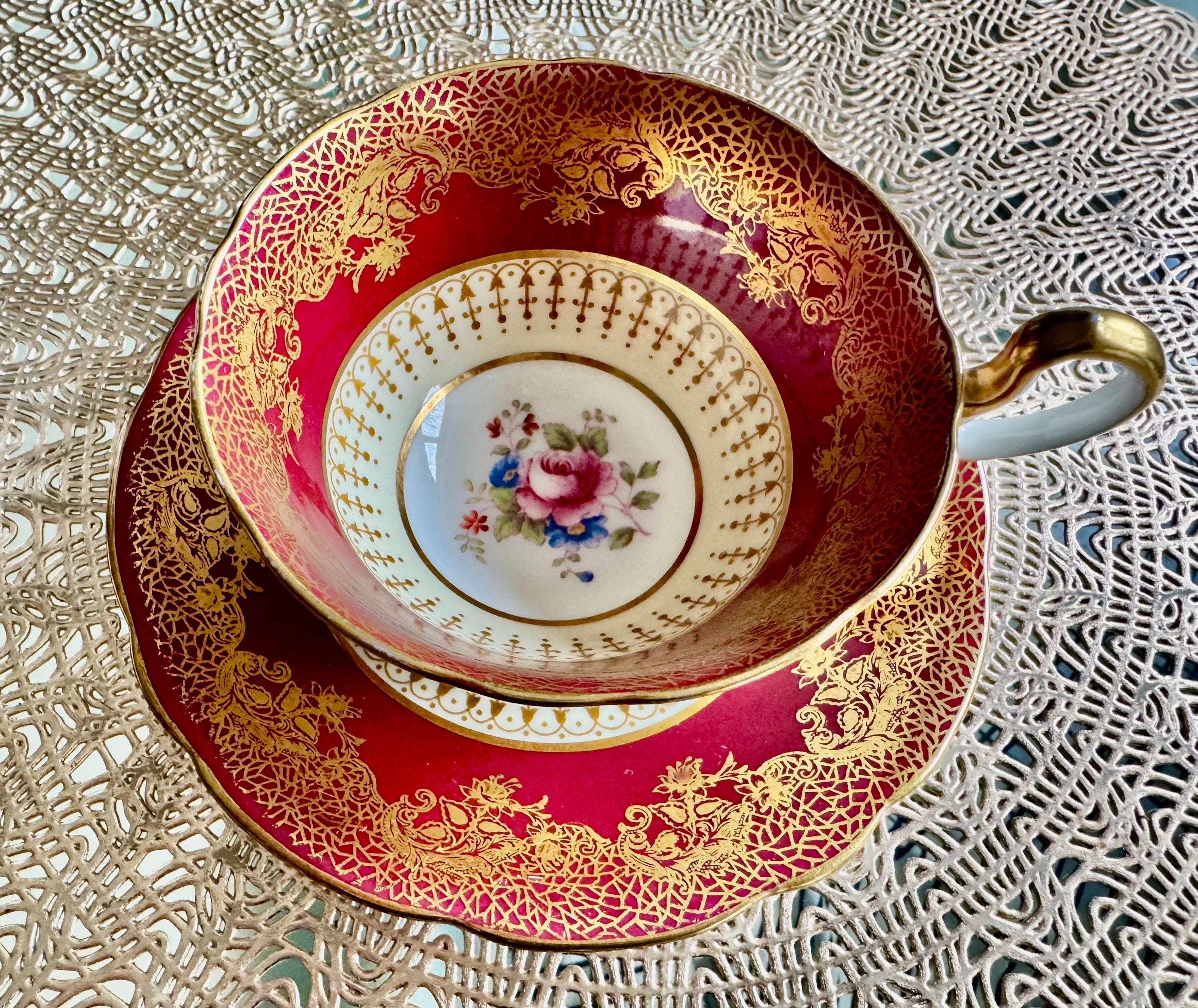 Vintage Aynsley England – Red Gold Filigree Floral Teacup & Saucer